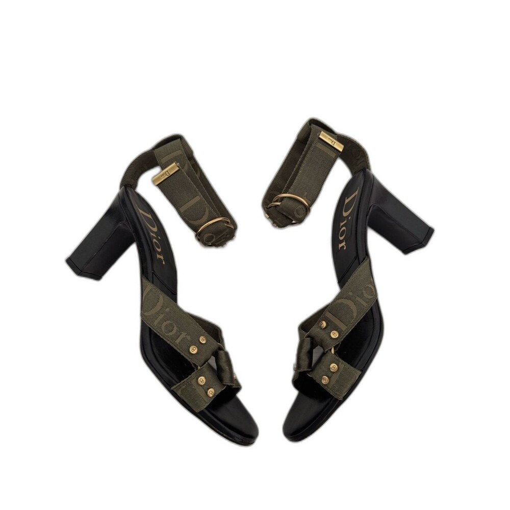 Dior Vintage Galliano Fall 2003 Green Black Bondage Strap Logo Block Heels EU 39